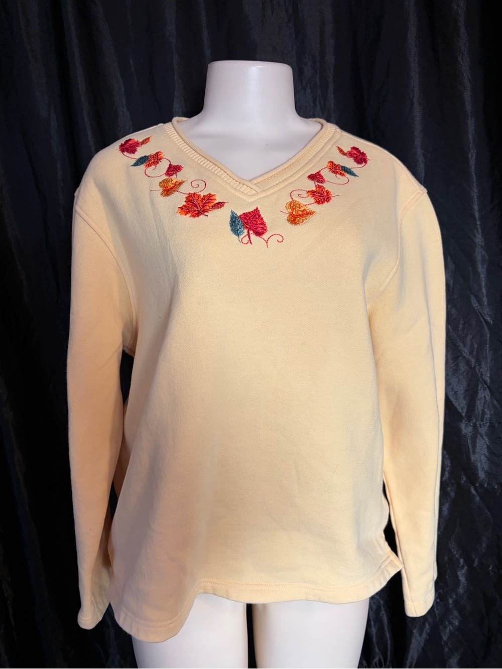 Classic Elements Cream V-Neck Sweater with Autumn Leaf Embroidery
